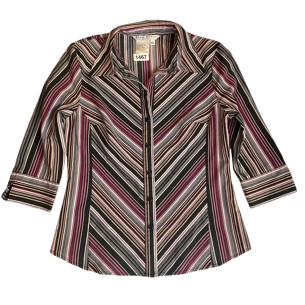 Fred David Women Button Down Shirt Size S Petite Black Purple 3/4 Sleeve Stretch